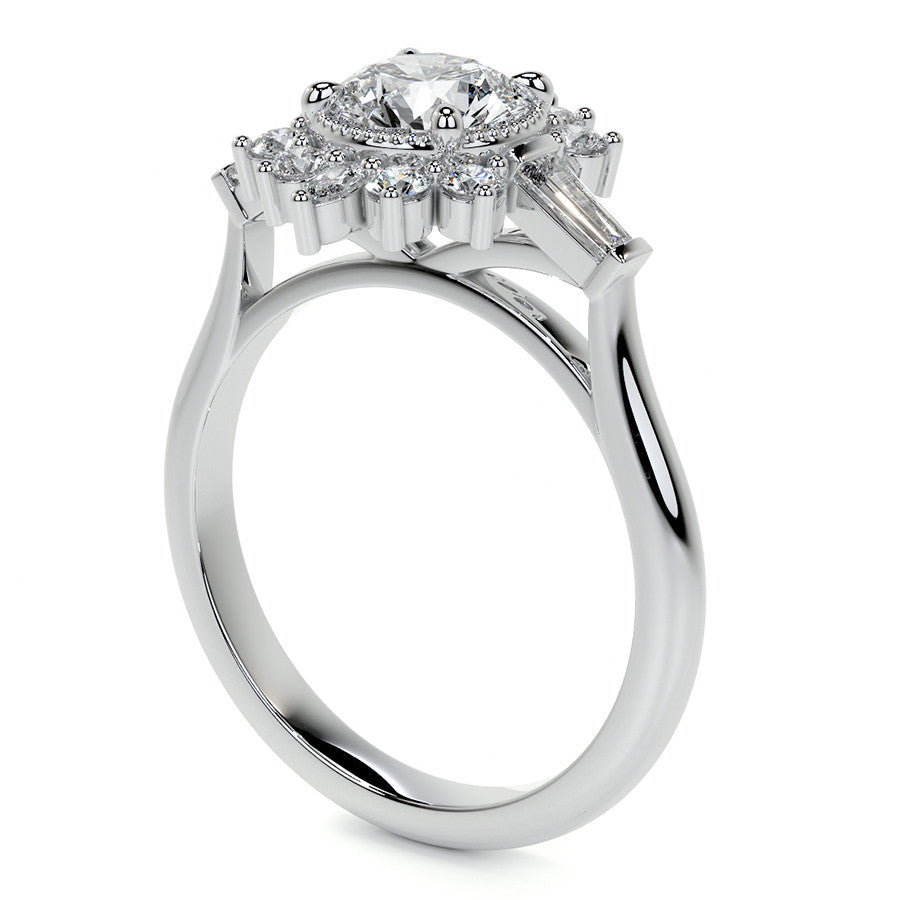 Round Brilliant Moissanite and Diamond Cluster Style Engagement Ring