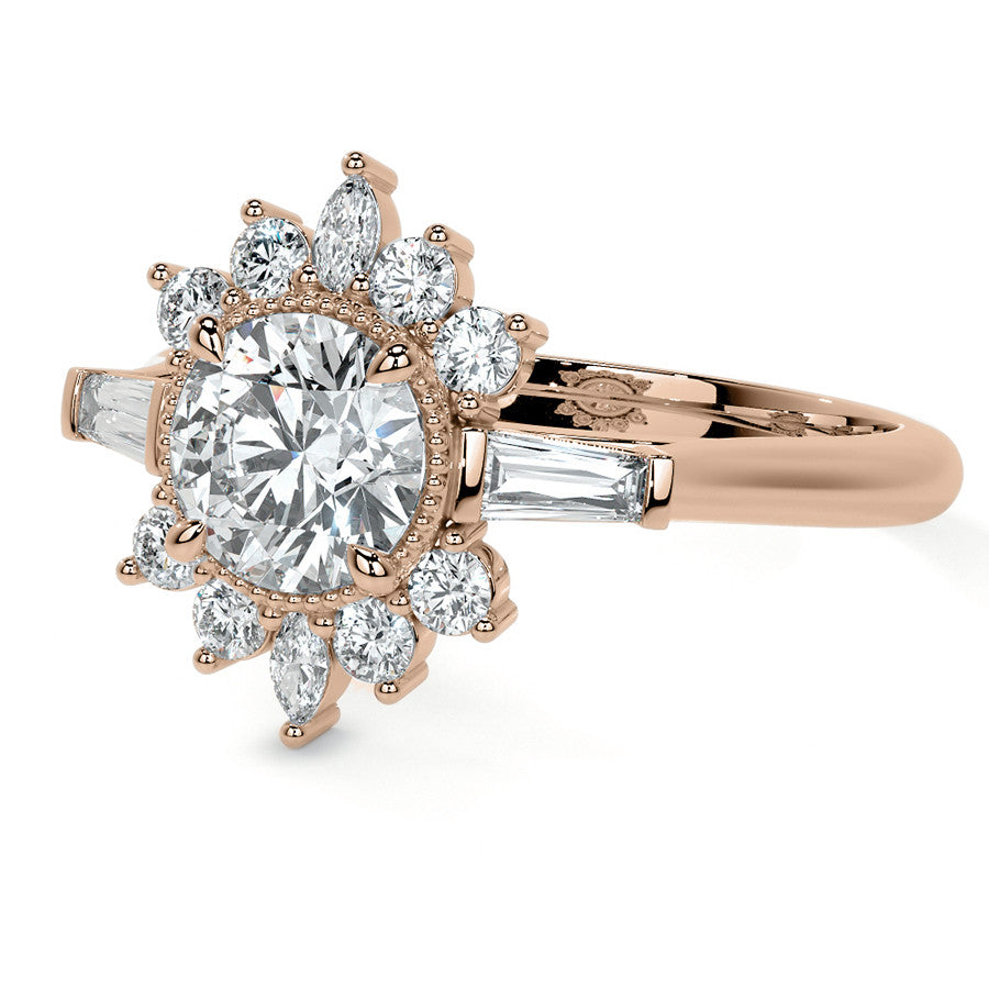Round Brilliant Moissanite and Diamond Cluster Style Engagement Ring