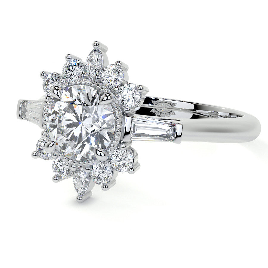 Round Brilliant Moissanite and Diamond Cluster Style Engagement Ring