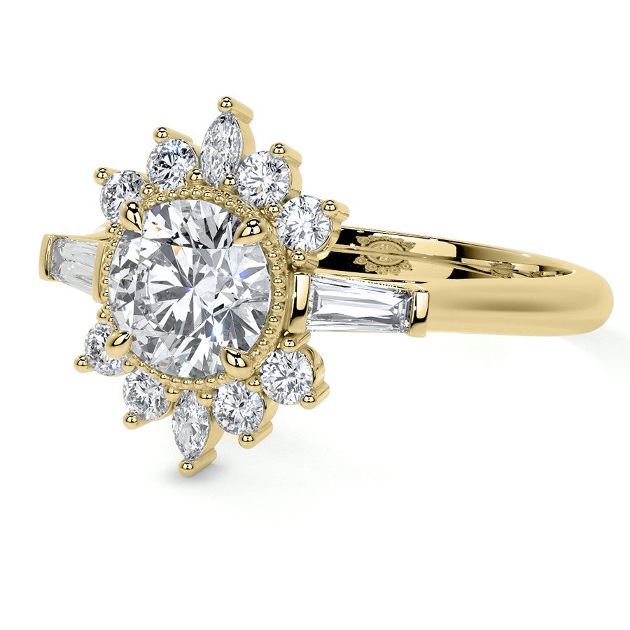 Round Brilliant Moissanite and Diamond Cluster Style Engagement Ring