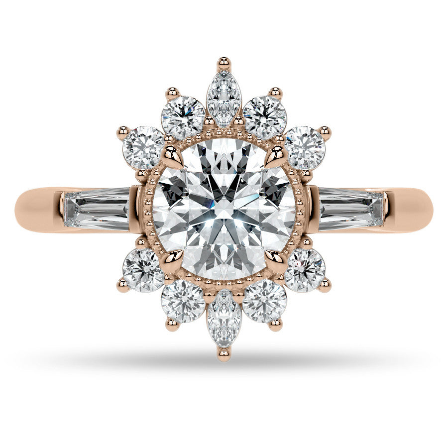 Round Brilliant Moissanite and Diamond Cluster Style Engagement Ring