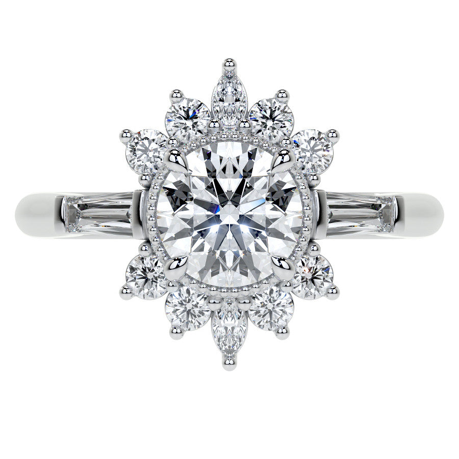 Round Brilliant Moissanite and Diamond Cluster Style Engagement Ring