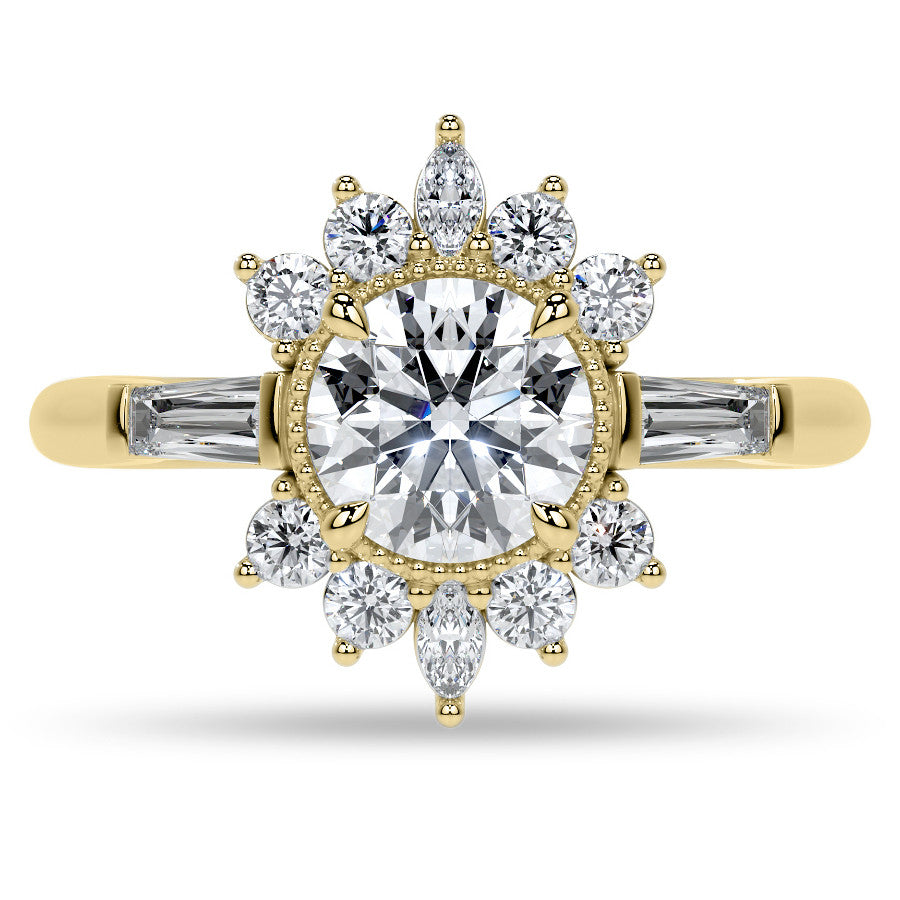 Round Brilliant Moissanite and Diamond Cluster Style Engagement Ring
