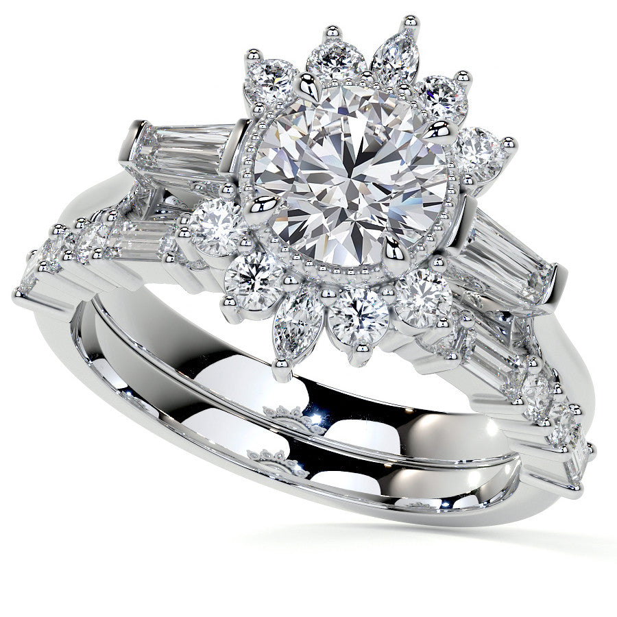 Round Brilliant Moissanite and Diamond Cluster Style Engagement Ring