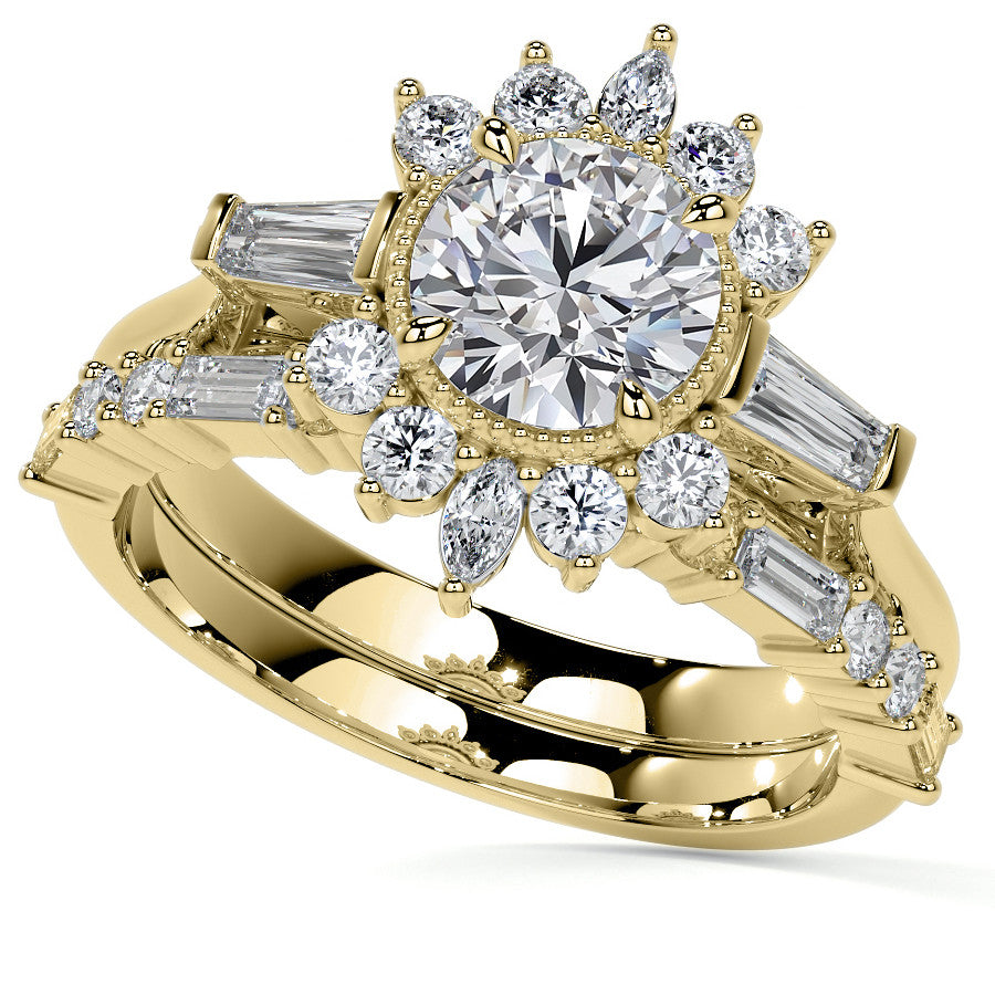 Round Brilliant Moissanite and Diamond Cluster Style Engagement Ring