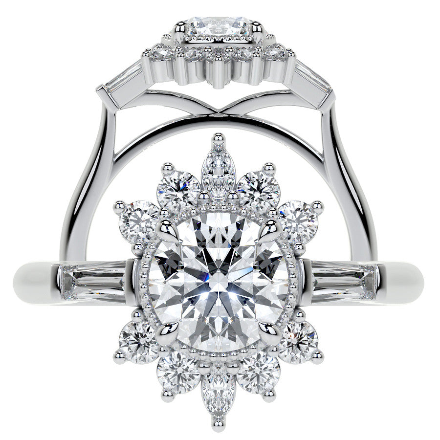Round Brilliant Moissanite and Diamond Cluster Style Engagement Ring