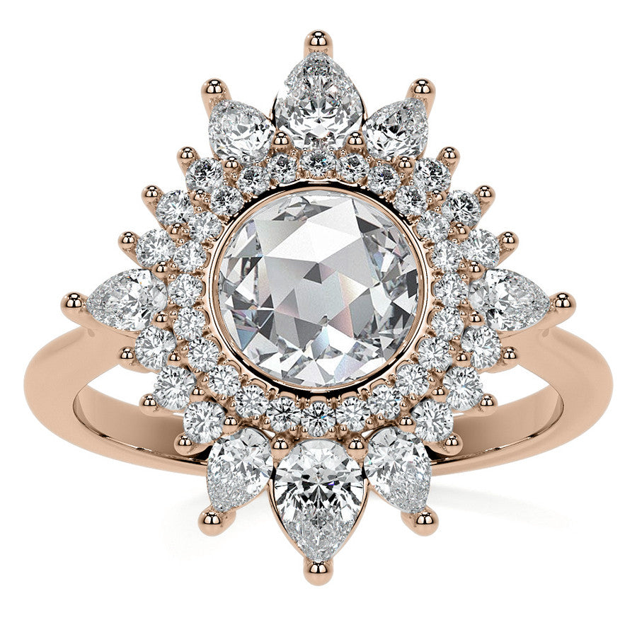 Rose Cut Starburst Halo Design Moissanite Engagement Ring
