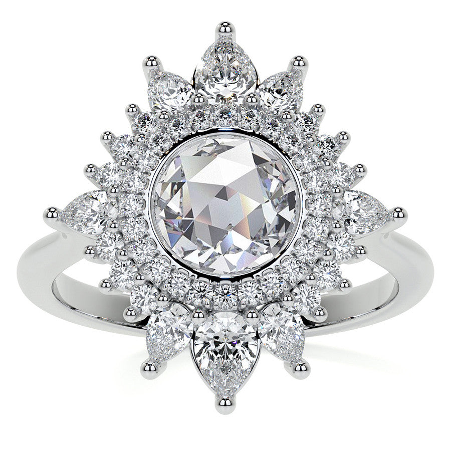 Rose Cut Starburst Halo Design Moissanite Engagement Ring