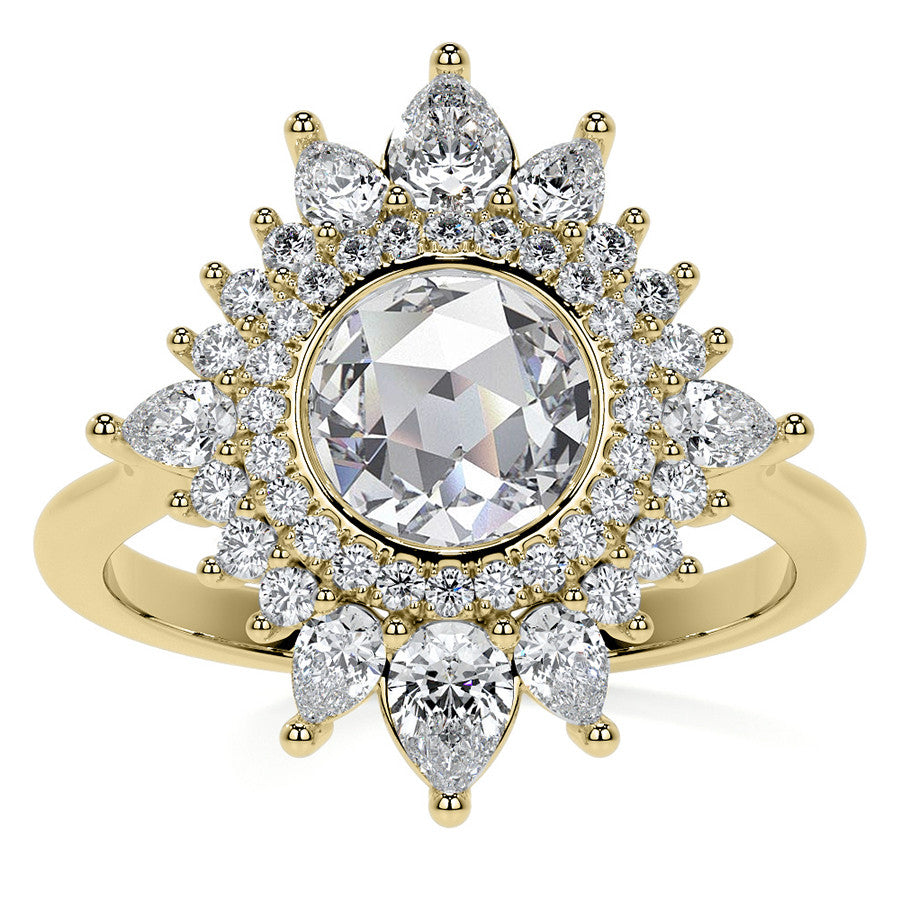 Rose Cut Starburst Halo Design Moissanite Engagement Ring