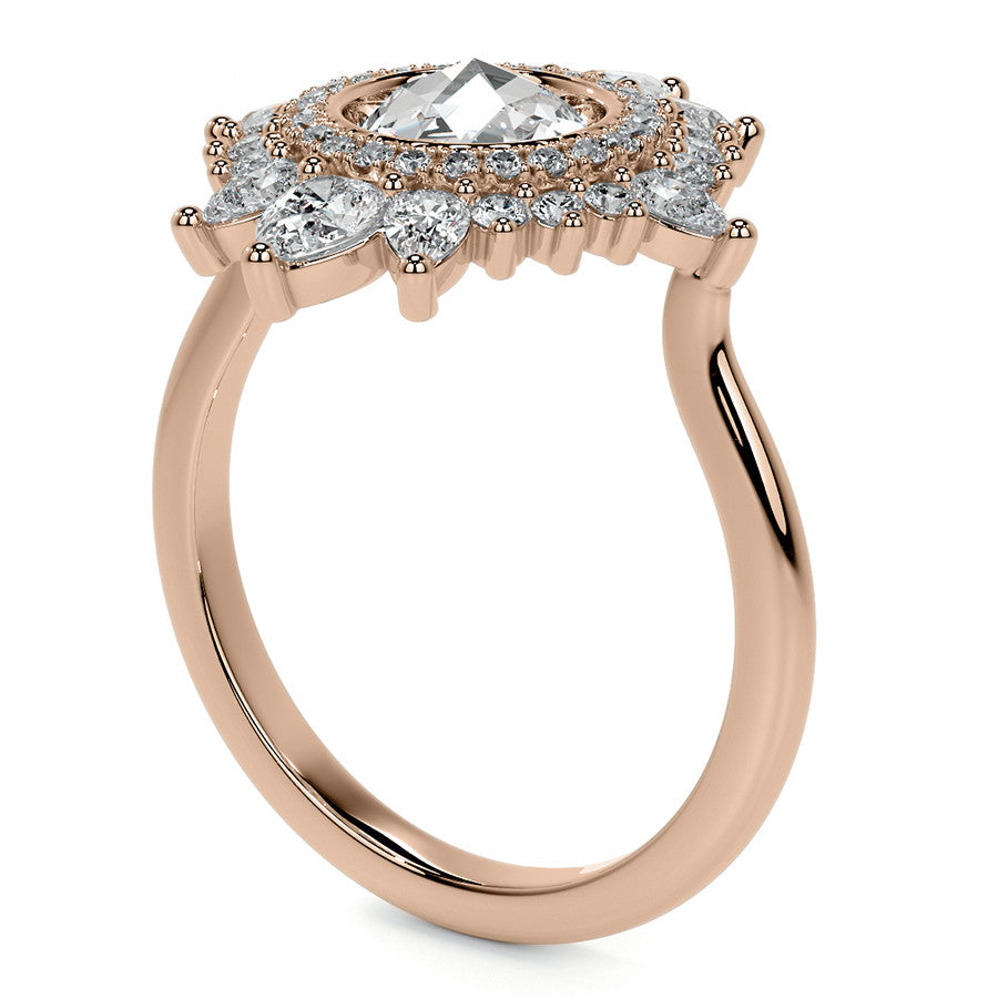 Rose Cut Starburst Halo Design Moissanite Engagement Ring