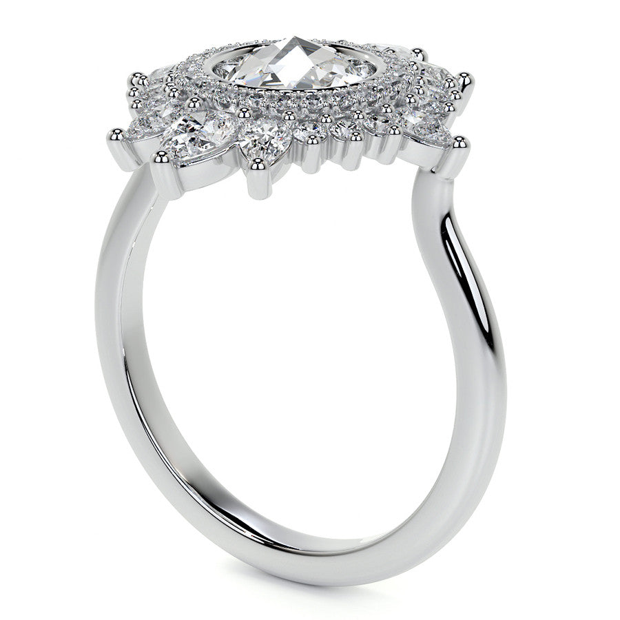 Rose Cut Starburst Halo Design Moissanite Engagement Ring