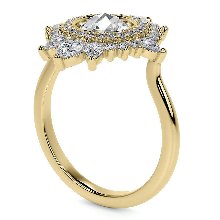 Rose Cut Starburst Halo Design Moissanite Engagement Ring