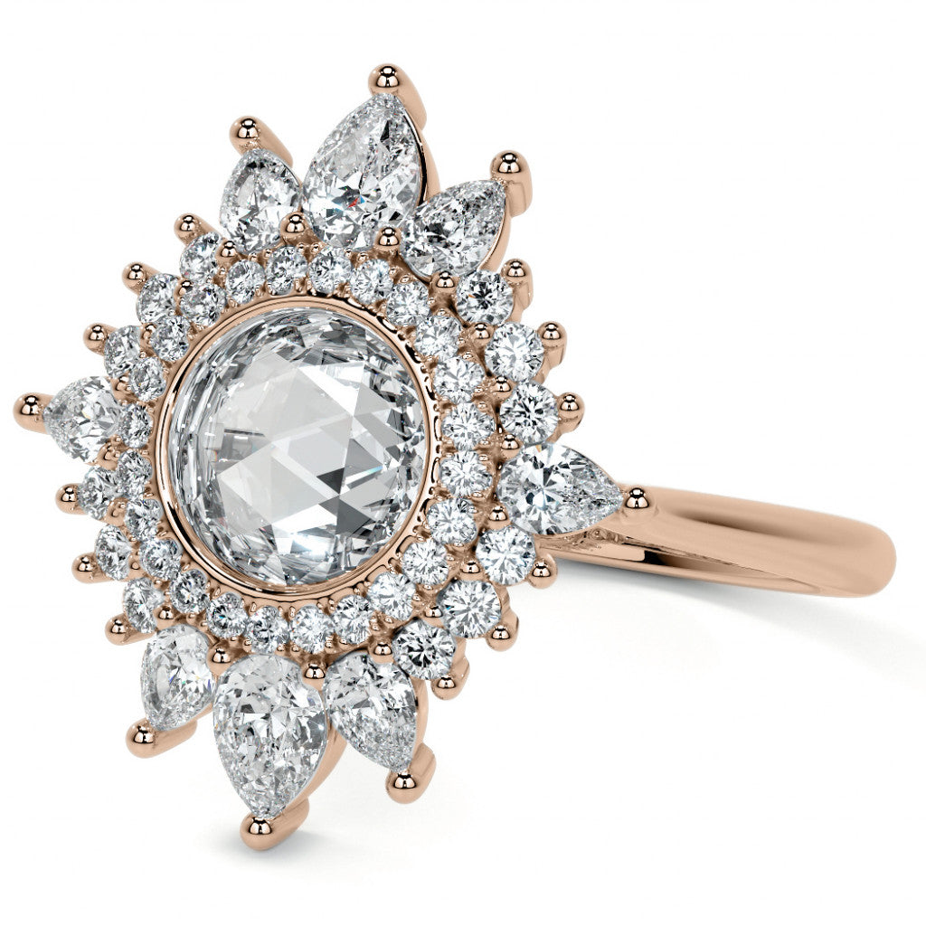 Rose Cut Starburst Halo Design Moissanite Engagement Ring