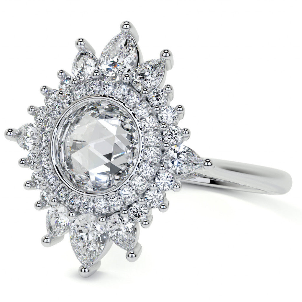 Rose Cut Starburst Halo Design Moissanite Engagement Ring
