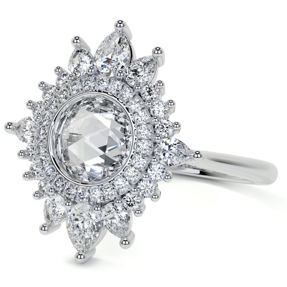 Rose Cut Starburst Halo Design Moissanite Engagement Ring