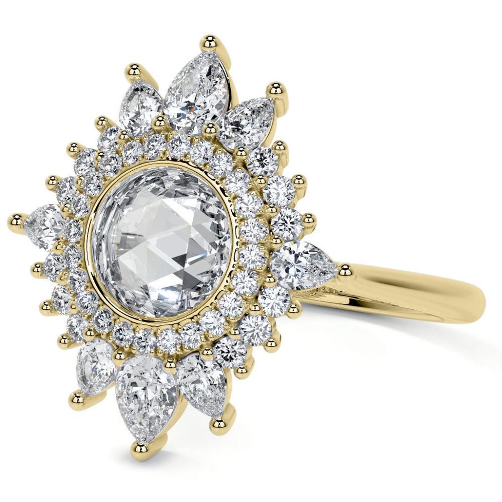 Rose Cut Starburst Halo Design Moissanite Engagement Ring