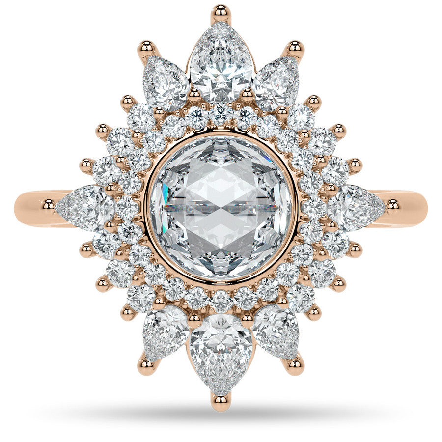 Rose Cut Starburst Halo Design Moissanite Engagement Ring