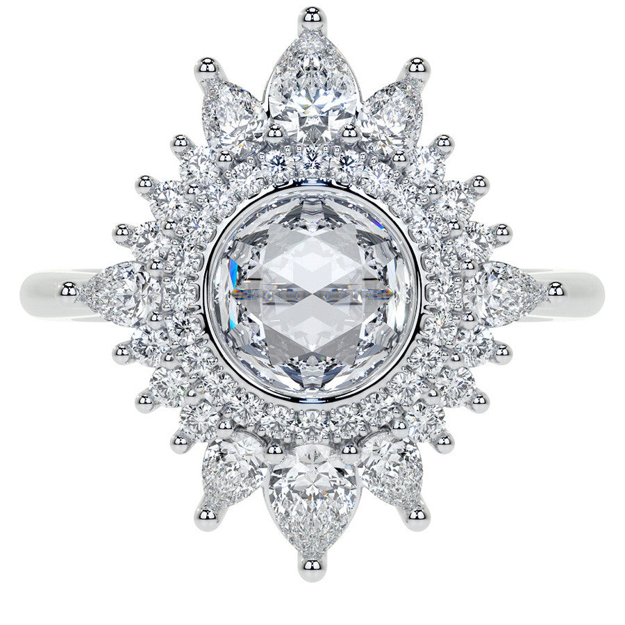 Rose Cut Starburst Halo Design Moissanite Engagement Ring