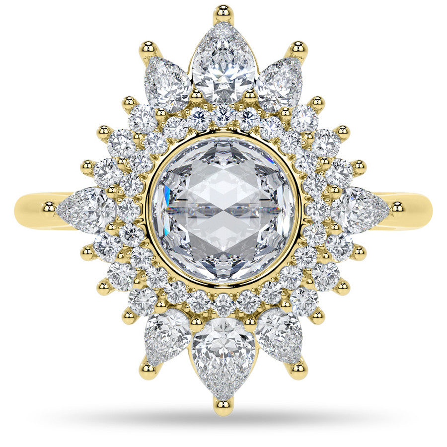 Rose Cut Starburst Halo Design Moissanite Engagement Ring