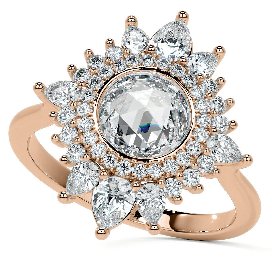 Rose Cut Starburst Halo Design Moissanite Engagement Ring