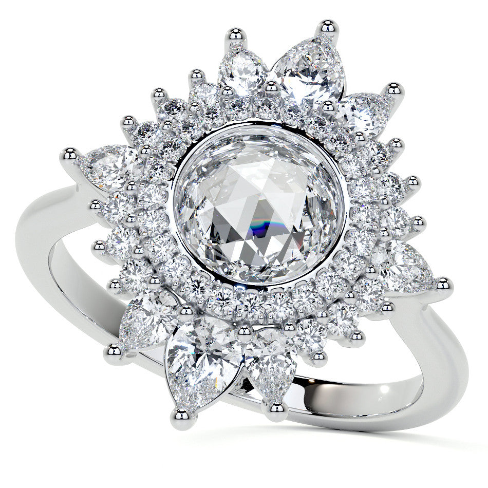 Rose Cut Starburst Halo Design Moissanite Engagement Ring