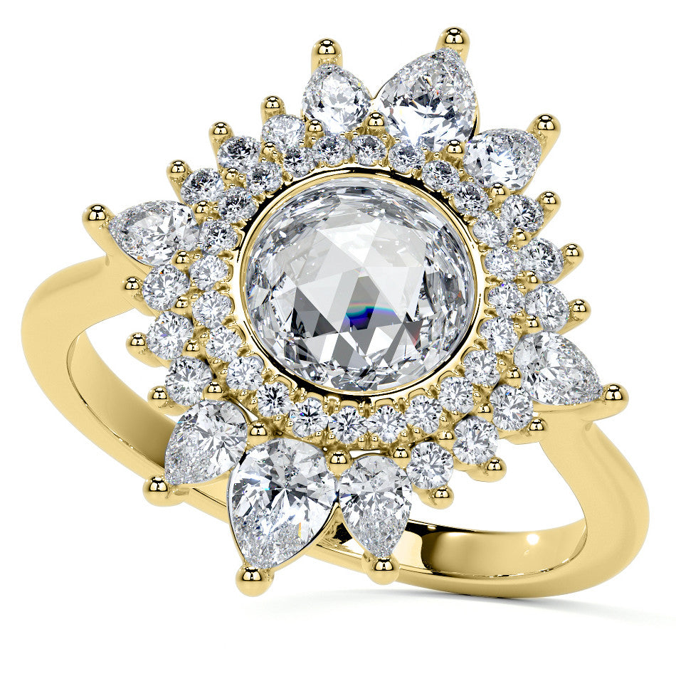 Rose Cut Starburst Halo Design Moissanite Engagement Ring
