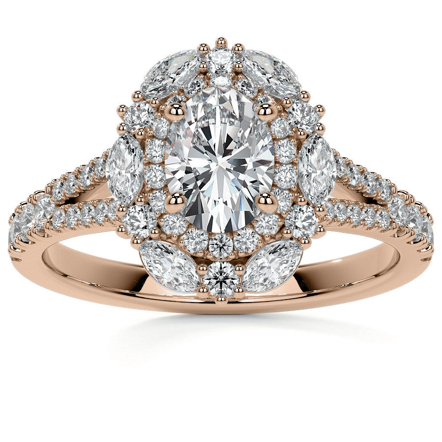 Round Marquise Halo Split Shank Oval Moissanite Engagement Ring