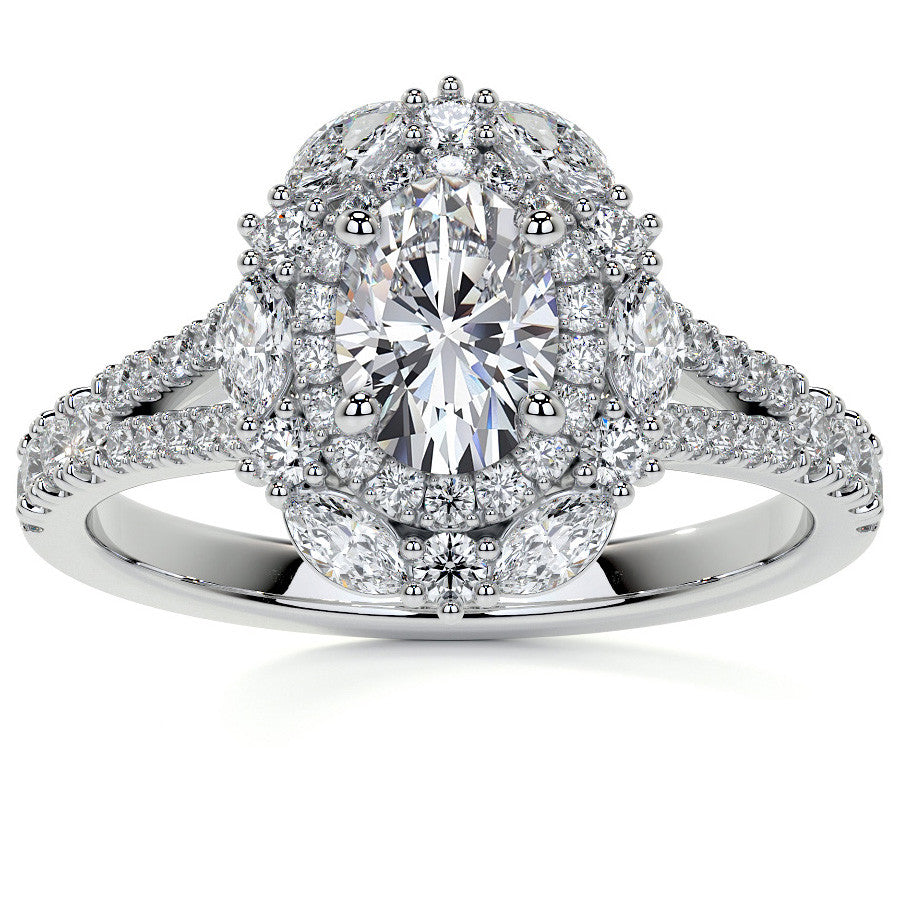 Round Marquise Halo Split Shank Oval Moissanite Engagement Ring