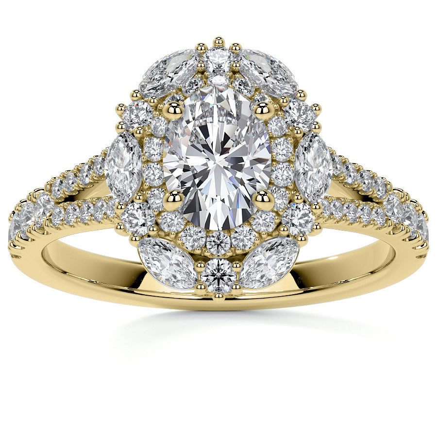 Round Marquise Halo Split Shank Oval Moissanite Engagement Ring