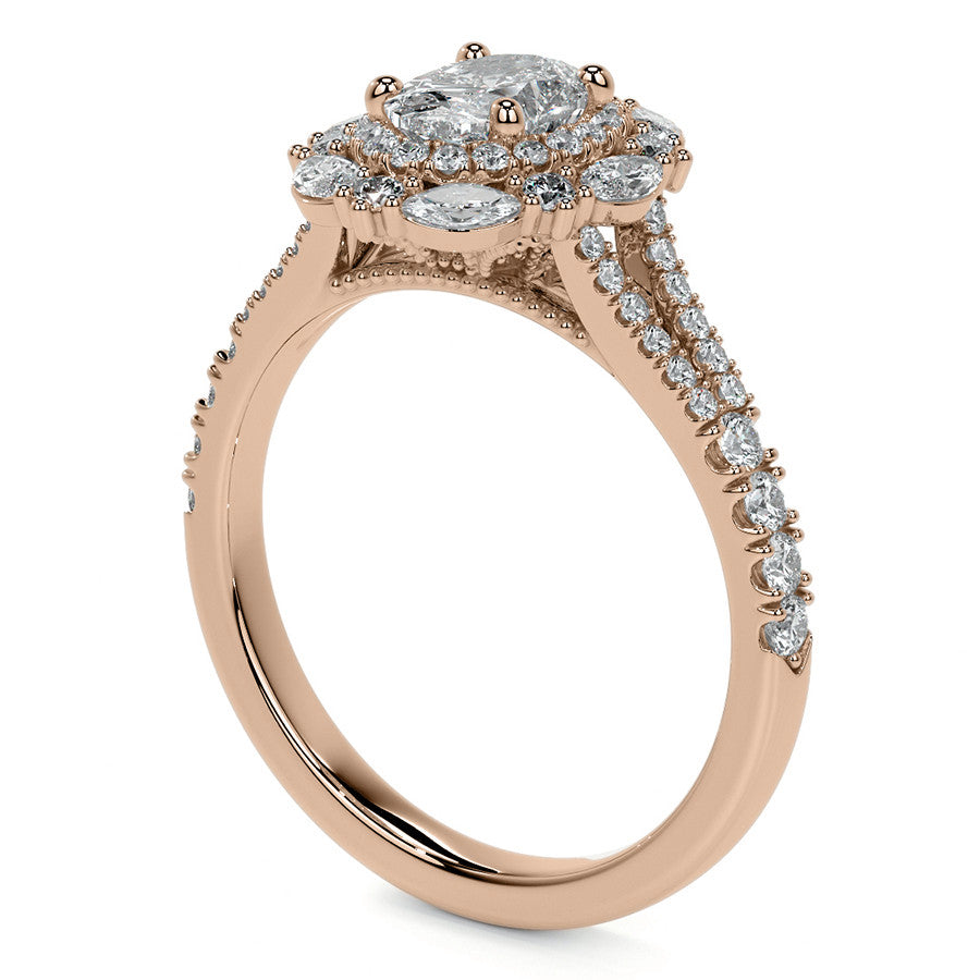 Round Marquise Halo Split Shank Oval Moissanite Engagement Ring
