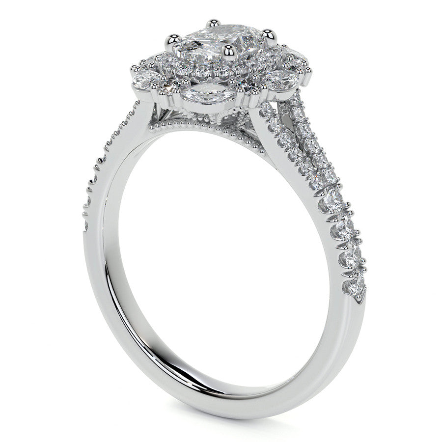 Round Marquise Halo Split Shank Oval Moissanite Engagement Ring
