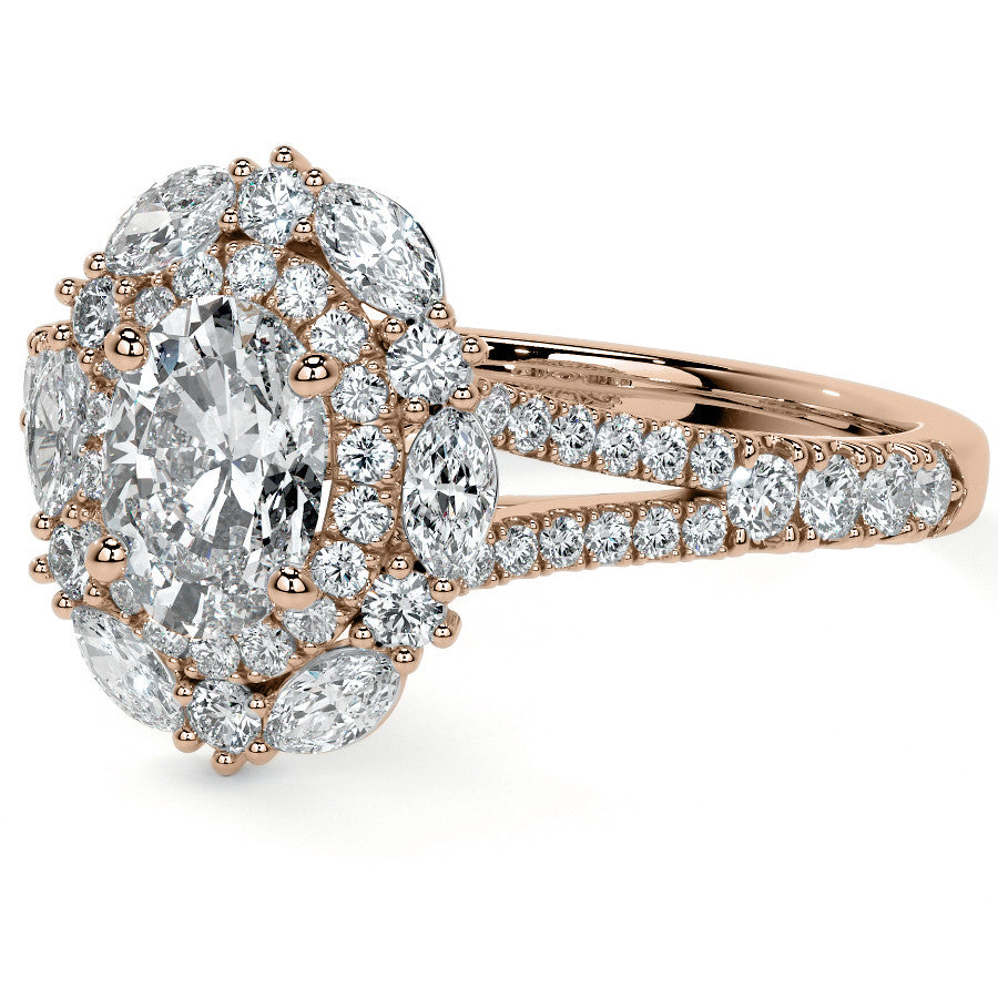 Round Marquise Halo Split Shank Oval Moissanite Engagement Ring