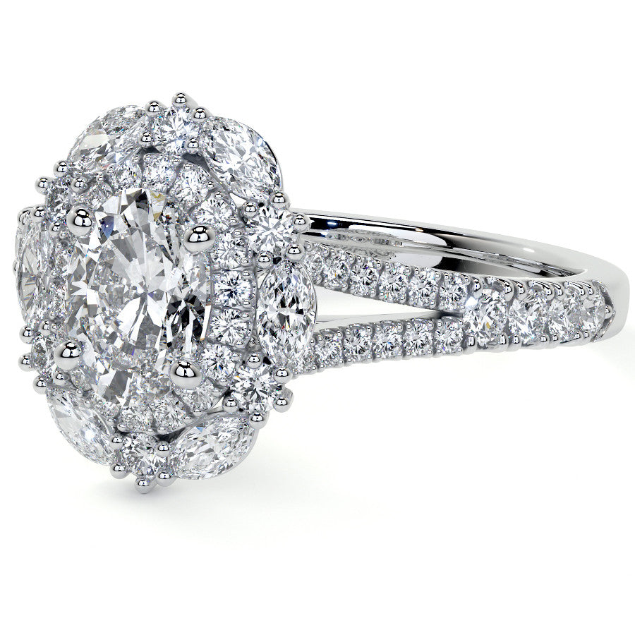 Round Marquise Halo Split Shank Oval Moissanite Engagement Ring