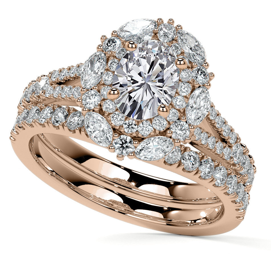 Round Marquise Halo Split Shank Oval Moissanite Engagement Ring