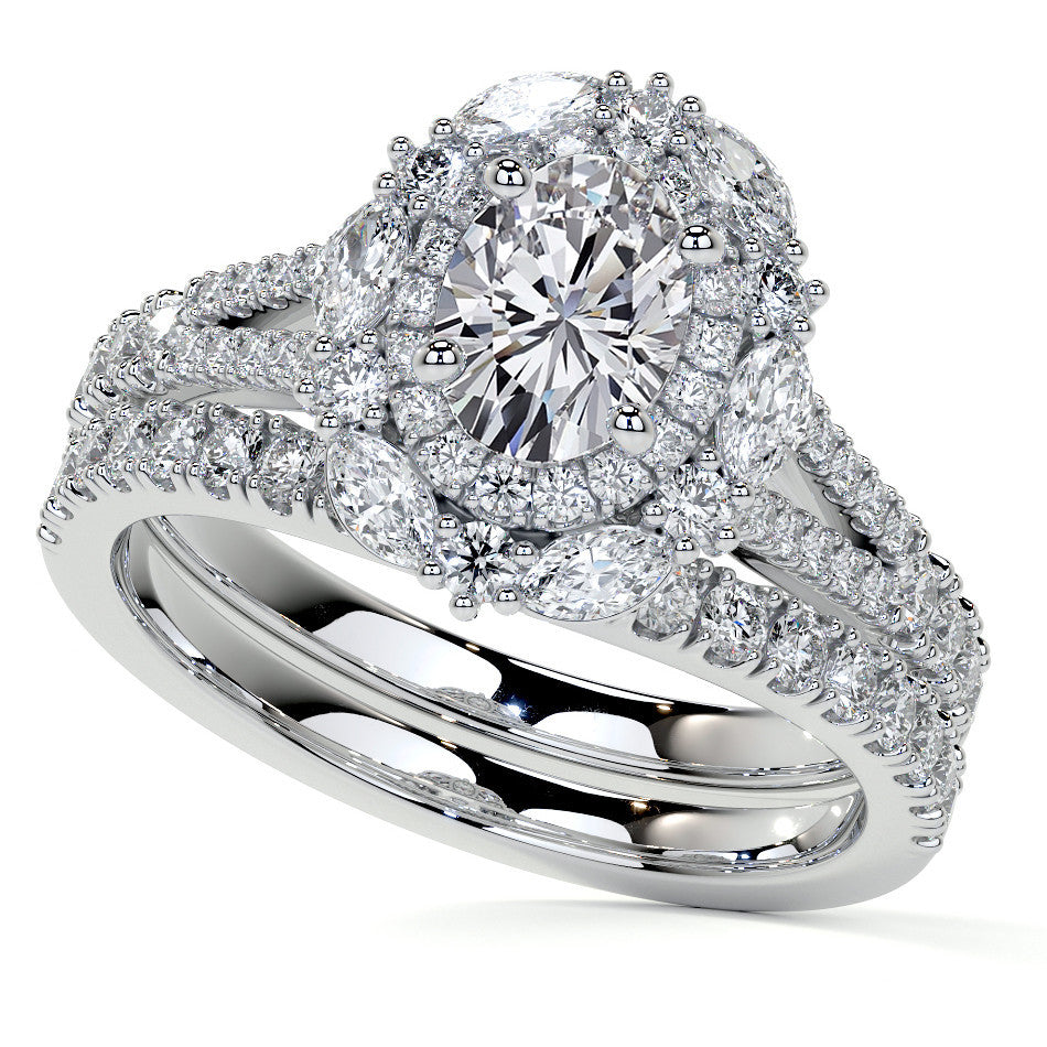 Round Marquise Halo Split Shank Oval Moissanite Engagement Ring