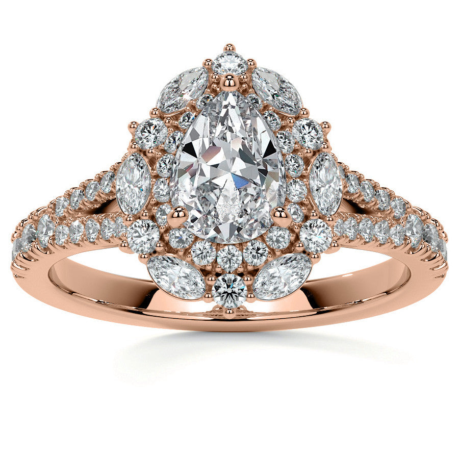 Pear Marquise Halo Split Shank Oval Moissanite Engagement Ring