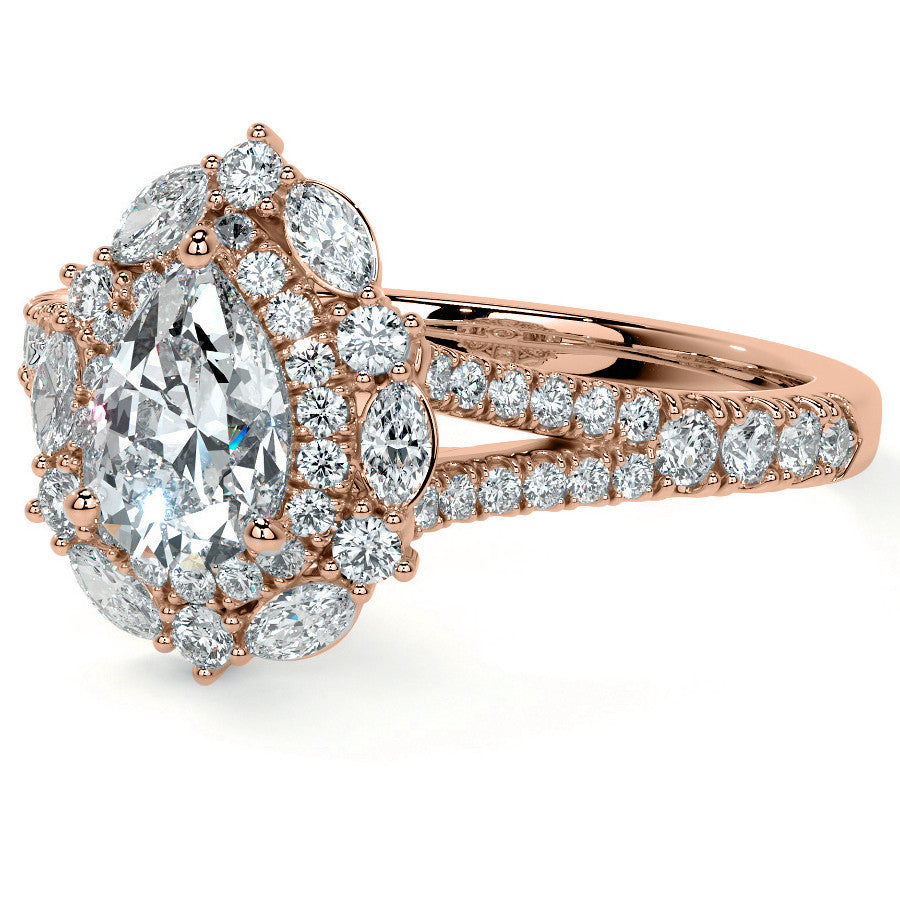 Pear Marquise Halo Split Shank Oval Moissanite Engagement Ring