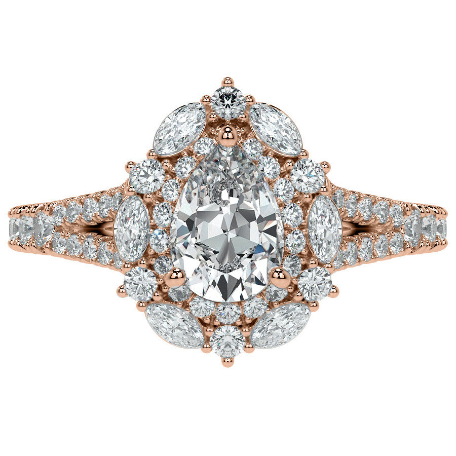 Pear Marquise Halo Split Shank Oval Moissanite Engagement Ring