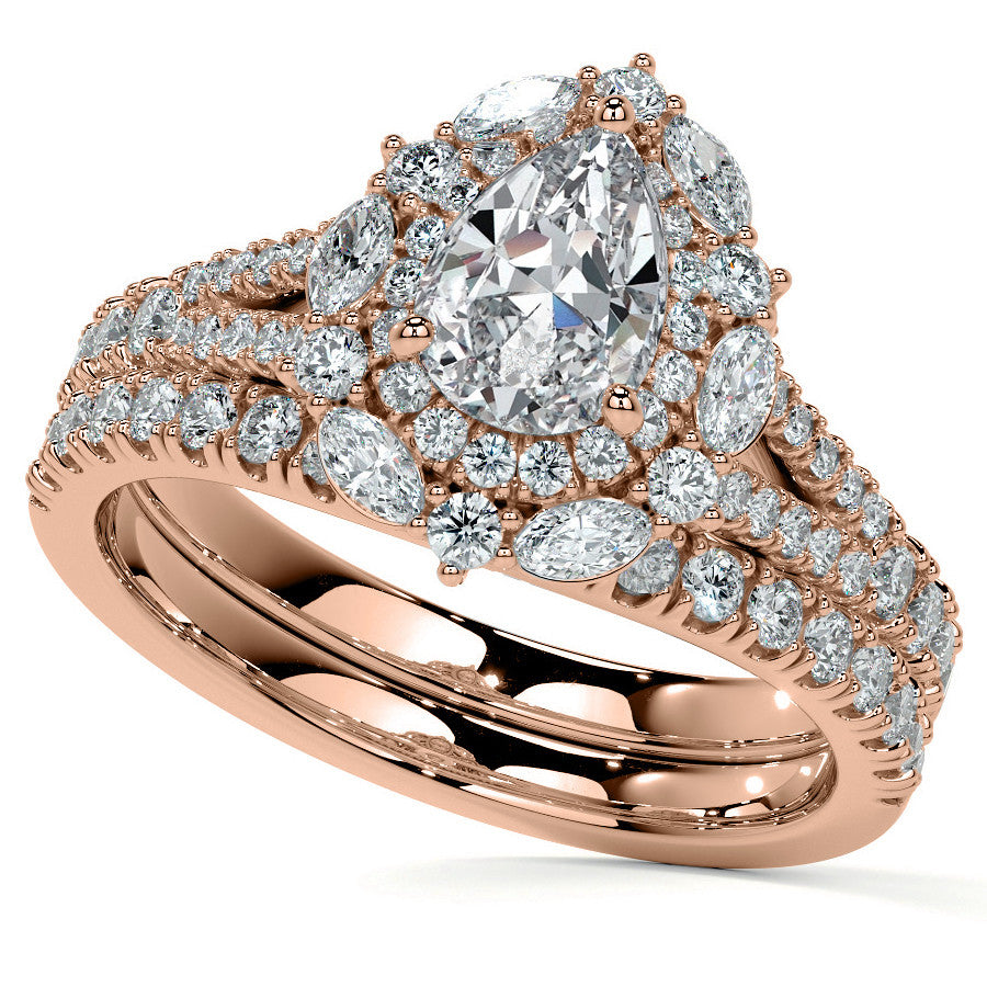 Pear Marquise Halo Split Shank Oval Moissanite Engagement Ring