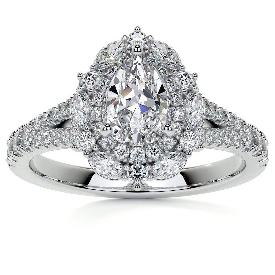 Pear Marquise Halo Split Shank Oval Moissanite Engagement Ring