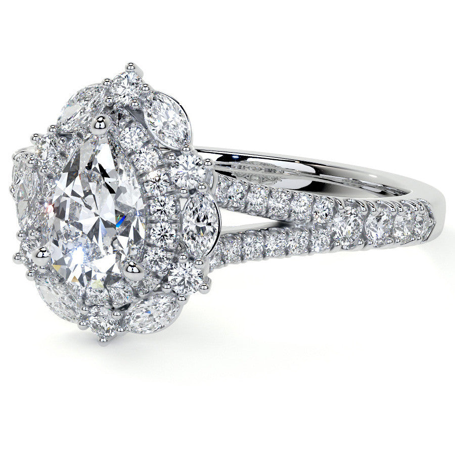 Pear Marquise Halo Split Shank Oval Moissanite Engagement Ring