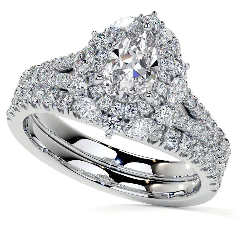 Pear Marquise Halo Split Shank Oval Moissanite Engagement Ring