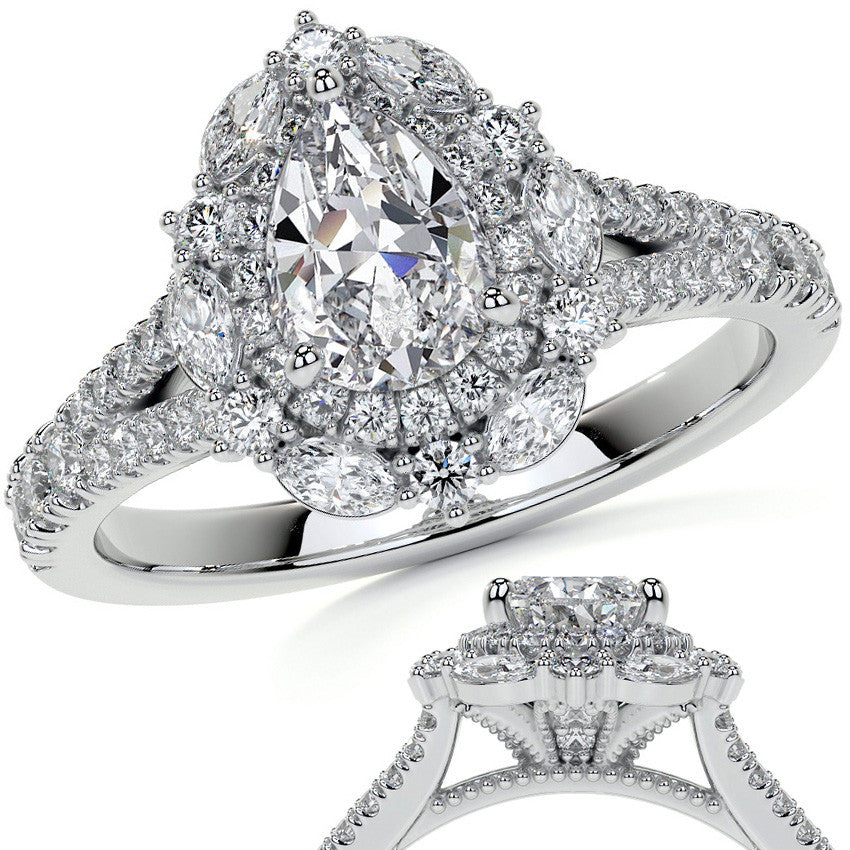Pear Marquise Halo Split Shank Oval Moissanite Engagement Ring