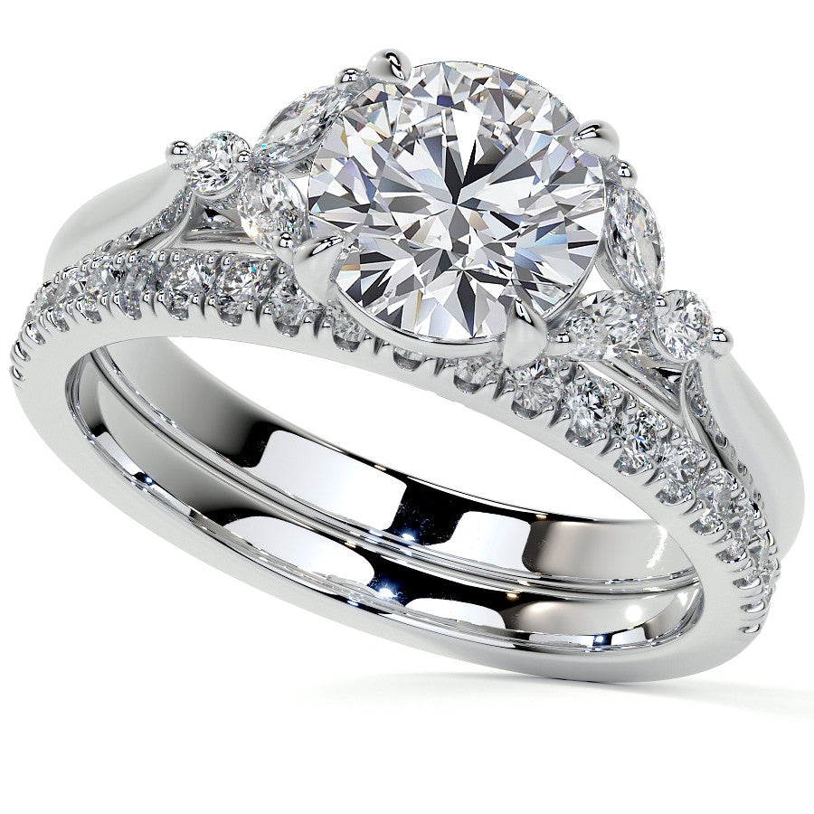 Round and Marquise Moissanite Cathedral Engagement Ring