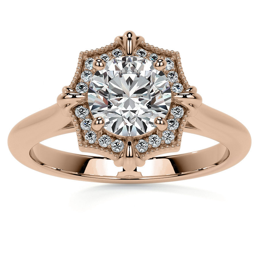 Round Brilliant Moissanite Octagon Halo Engagement Ring with Milgrain