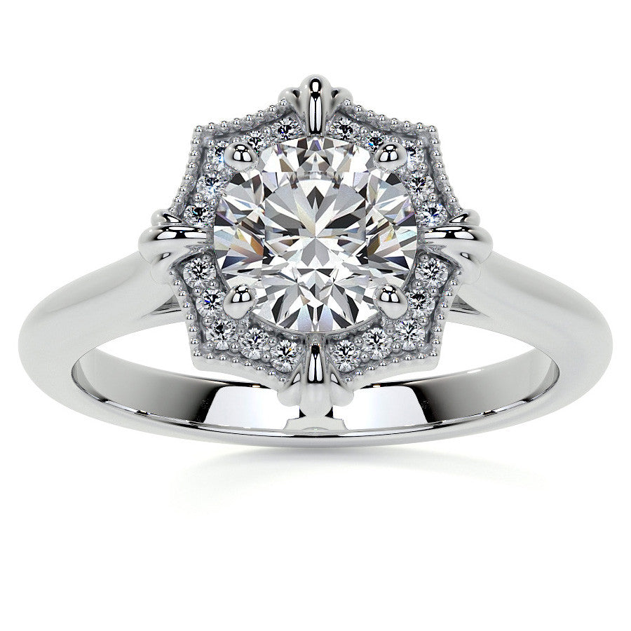 Round Brilliant Moissanite Octagon Halo Engagement Ring with Milgrain