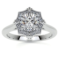 Round Brilliant Moissanite Octagon Halo Engagement Ring with Milgrain