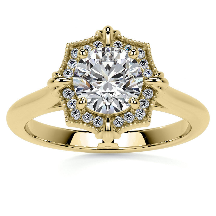 Round Brilliant Moissanite Octagon Halo Engagement Ring with Milgrain