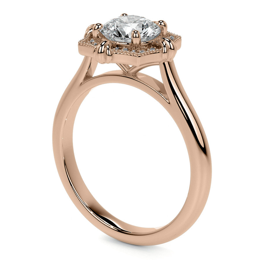 Round Brilliant Moissanite Octagon Halo Engagement Ring with Milgrain