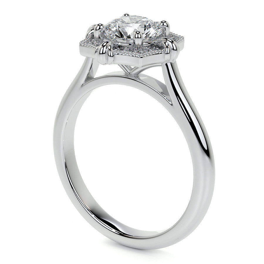 Round Brilliant Moissanite Octagon Halo Engagement Ring with Milgrain